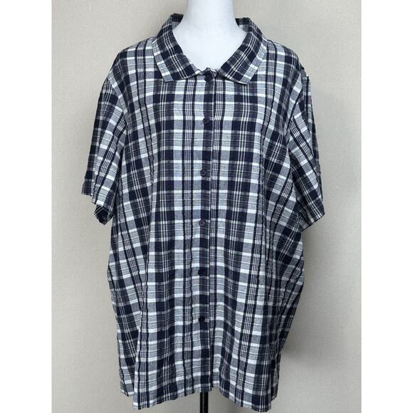 BLAIR S/S Parfait Camp Button-Up Shirt, Size 3XL Navy Blue Gingham Check - Picture 1 of 12